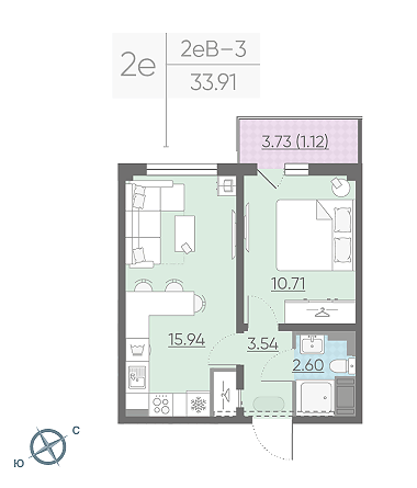 Однокомнатная квартира 33.91 м²