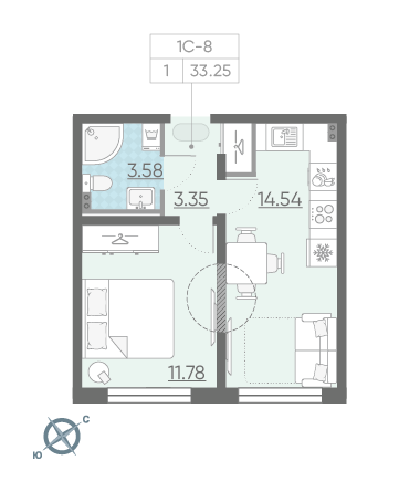 Однокомнатная квартира 33.25 м²