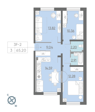 Трёхкомнатная квартира 65.2 м²