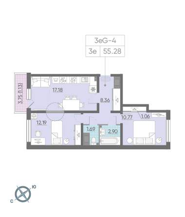 Двухкомнатная квартира 55.28 м²