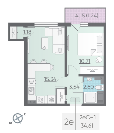 Однокомнатная квартира 34.61 м²
