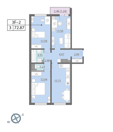 Трёхкомнатная квартира 72.87 м²