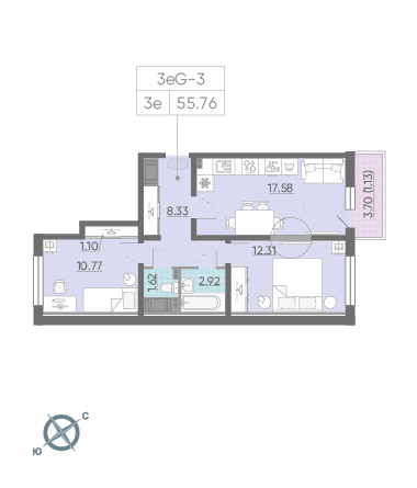 Двухкомнатная квартира 55.76 м²