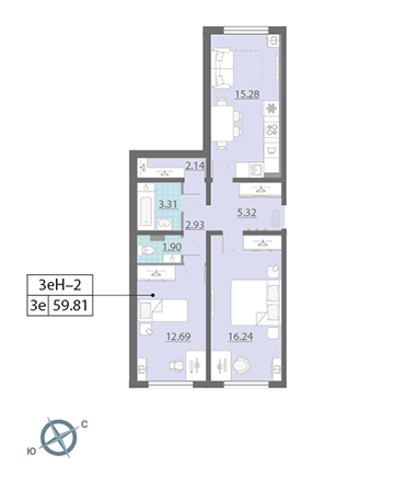 Двухкомнатная квартира 59.81 м²