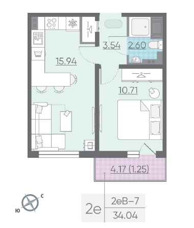 Однокомнатная квартира 34.04 м²
