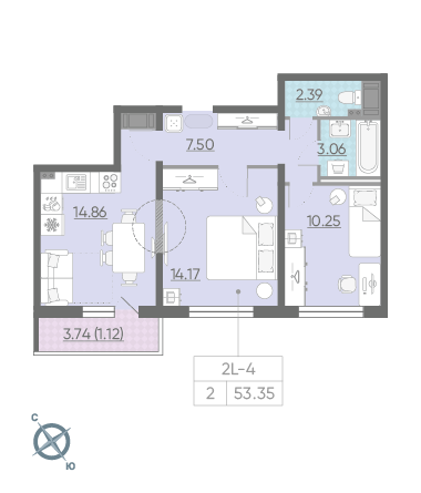 Двухкомнатная квартира 53.35 м²