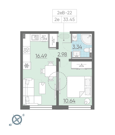 Однокомнатная квартира 33.45 м²