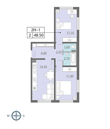 Двухкомнатная квартира 48.5 м²